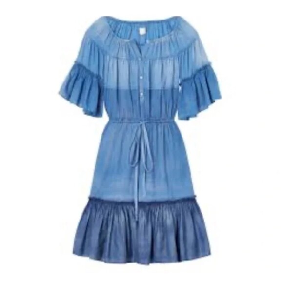 La Vie Rebecca Taylor Scoop Neck Ruffle Denim Blue Dress Oversized Size XS - Picture 1 of 9